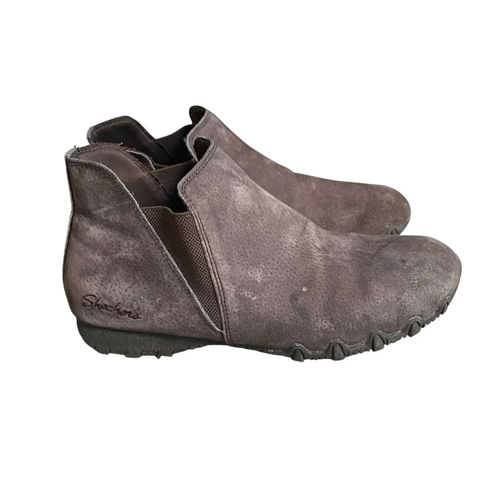 Skechers Ankle Chelsea Booties 8.5 EU 38.5 Taupe Suede Leather Flat Everyday